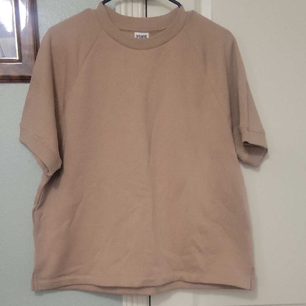 PINK Victoria's Secret Short Sleeve Crewneck Sweatshirt in Tan